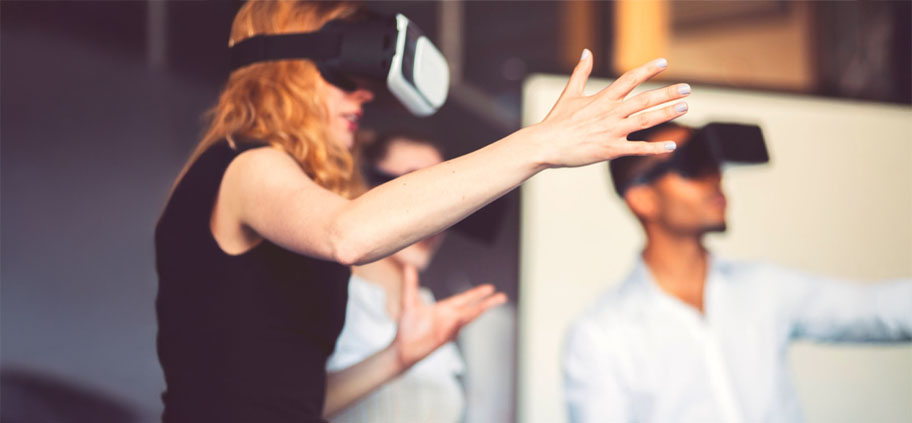 Digital composite of Man wearing VR Virtual Reality Headset with Interface, Future technology concept.