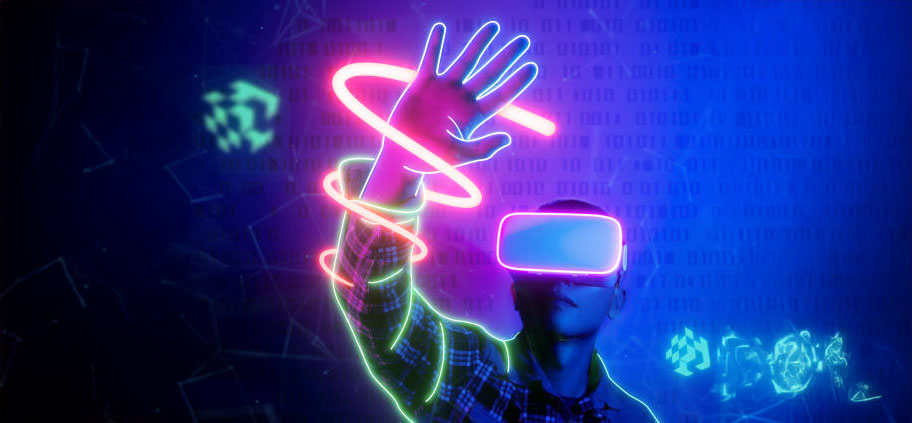 Digital composite of Man wearing VR Virtual Reality Headset with Interface, Future technology concept.