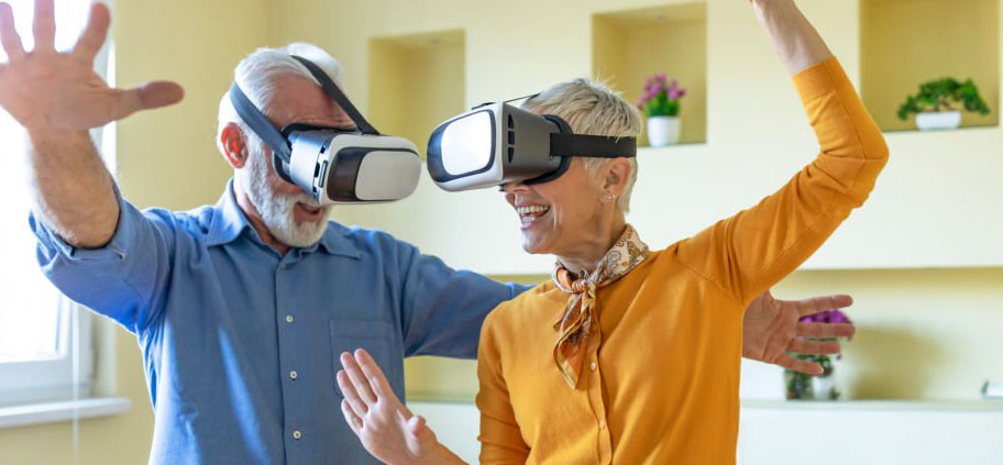 seniors and VR Digital composite of Man wearing VR Virtual Reality Headset with Interface, Future technology concept.